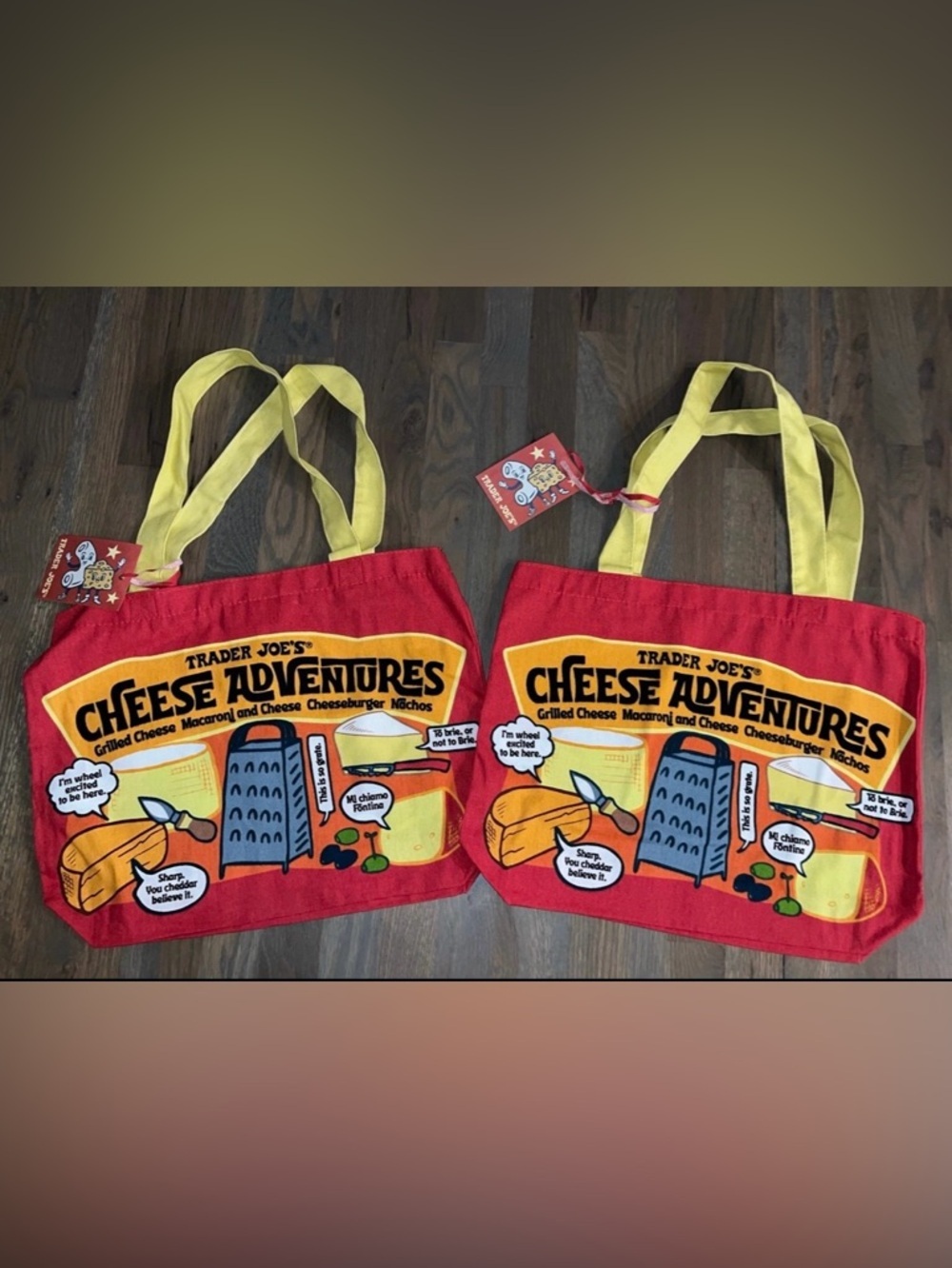 Trader Joe's Red 'Cheese Adventures' Canvas Tote with Yellow Handles